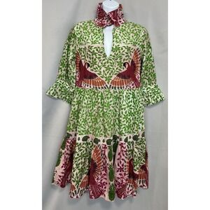 Be Boho Women's Bird Print Tropical Dress Sz Small Multicolor 3/4 Sleeve Pockets